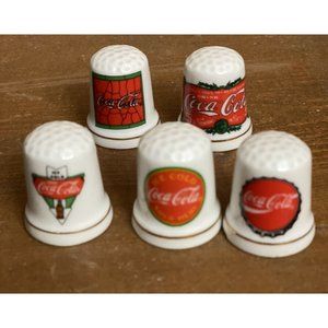 5 Vintage 1995 Coca Cola Porcelain Ceramic Thimbles Lot Coke Soda Advertisements